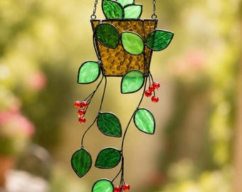 Handmade Stained Glass Plant Suncatcher, Hummingbird Garden Decor, Window Glass Art