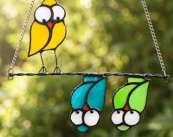 Handmade Stained Glass Three Birds Suncatcher, Window Hanging Art, Colorful Birds