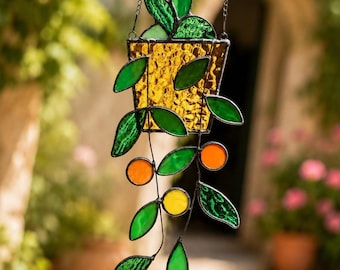 Handmade Stained Glass Plant Suncatcher, Green Leaf Hanging Decor, Housewarming Gift