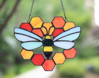 Acchiappasole a nido d'ape fatto a mano, vetrata da appendere, arte del vetro, decorazione da giardino, regalo unico per lei, regalo per la festa della mamma, regalo primaverile