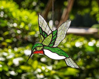 ステンドグラスのハチドリのサンキャッチャー、手作りの鳥の窓飾り、芸術的なガラスアート
