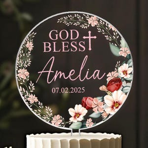Personalized Baptism Cake Topper, God Bless Cake Topper, Christening Birthday Cake Topper, Baby Shower Cake Decor, Baby Baptism Floral Decor