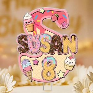 Ice Cream Drip Cake Topper For Kid, Custom Name And Age Cake Topper, Boy And Girl Birthday Decor, Baseball Drip Birthday, Party Cake Topper