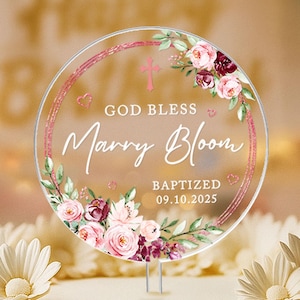 Personalized Baptism Cake Topeer, God Bless Cake Topper, Christening Birthday Cake Topper, Baby Baptism Floral Rose, Baby Shower Cake Decor