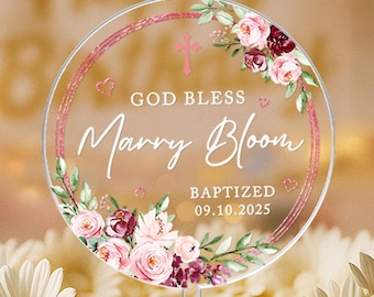 Personalized Baptism Cake Topeer, God Bless Cake Topper, Christening Birthday Cake Topper, Baby Baptism Floral Rose, Baby Shower Cake Decor