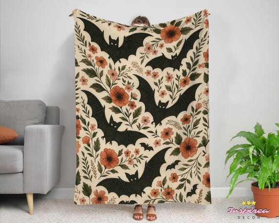 Floral Bat Halloween Blanket, Spooky Season Halloween Throw Blanket, Halloween Decor, Halloween Ghost Blanket for Baby, Spooky Ghost Blanket
