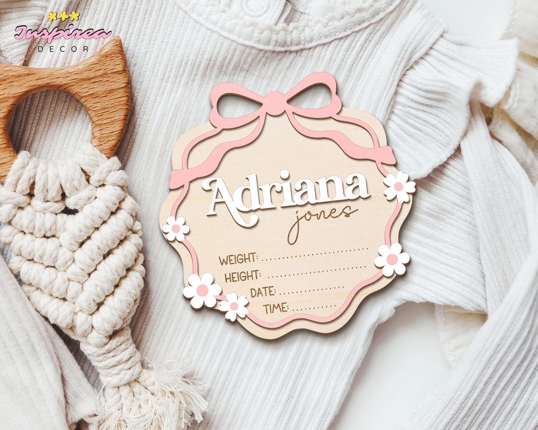Pink Bow Baby Announcement Sign, Baby Birth Stats Sign, Coquette Daisy ...