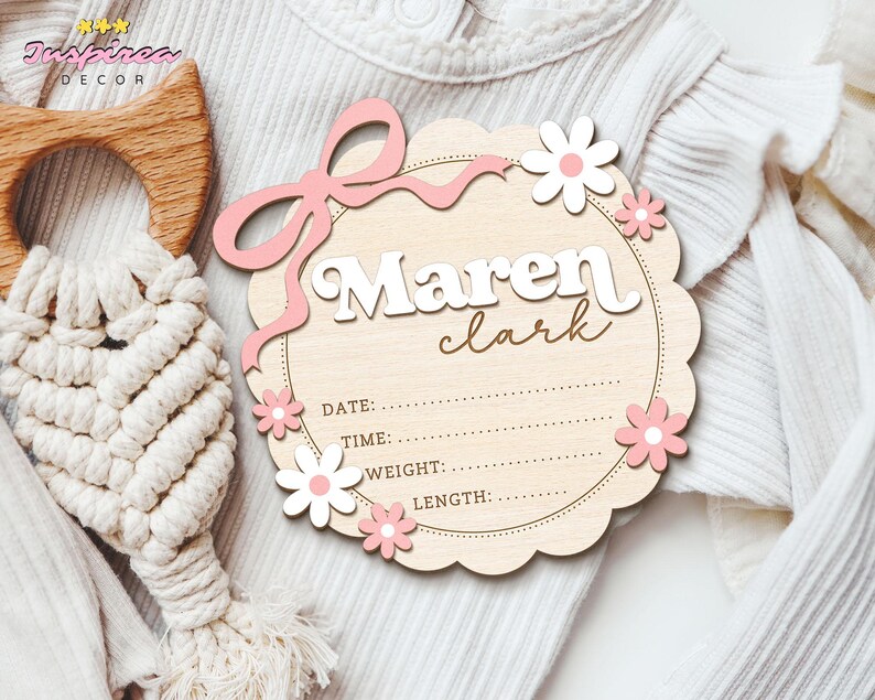 Baby Birth Stats Sign, Coquette Bow Baby Name Announcement Sign ...
