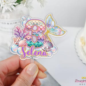 Adorno para tarta de sirena personalizado, decoración para fiesta de cumpleaños de sirena, adorno para tarta de baby shower, decoración para tarta de primer cumpleaños, regalo de cumpleaños para niñas imagen 7