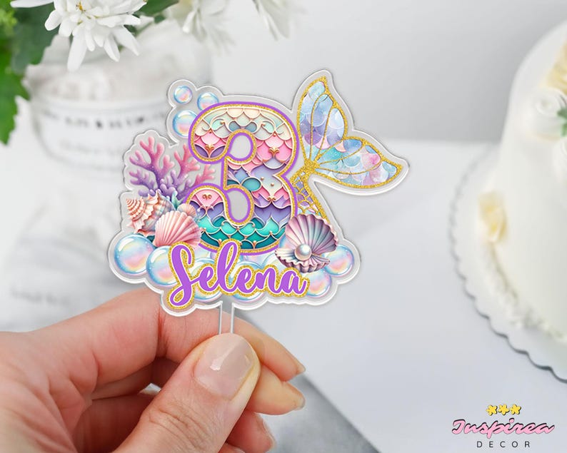 Adorno para tarta de sirena personalizado, decoración para fiesta de cumpleaños de sirena, adorno para tarta de baby shower, decoración para tarta de primer cumpleaños, regalo de cumpleaños para niñas imagen 7