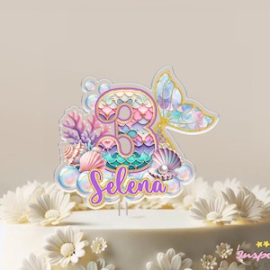 Adorno para tarta de sirena personalizado, decoración para fiesta de cumpleaños de sirena, adorno para tarta de baby shower, decoración para tarta de primer cumpleaños, regalo de cumpleaños para niñas imagen 5
