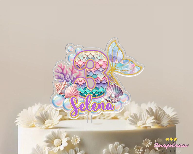 Adorno para tarta de sirena personalizado, decoración para fiesta de cumpleaños de sirena, adorno para tarta de baby shower, decoración para tarta de primer cumpleaños, regalo de cumpleaños para niñas imagen 5