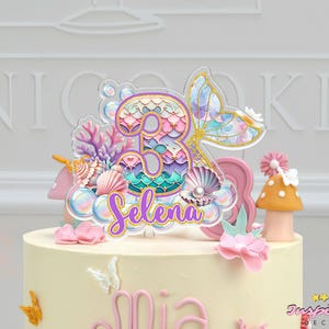 Adorno para tarta de sirena personalizado, decoración para fiesta de cumpleaños de sirena, adorno para tarta de baby shower, decoración para tarta de primer cumpleaños, regalo de cumpleaños para niñas imagen 3