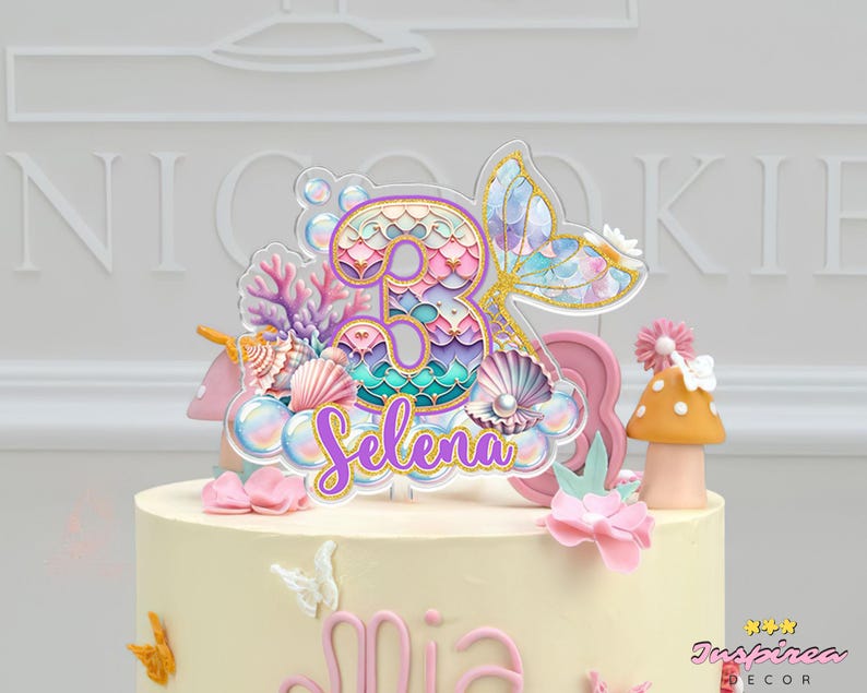 Adorno para tarta de sirena personalizado, decoración para fiesta de cumpleaños de sirena, adorno para tarta de baby shower, decoración para tarta de primer cumpleaños, regalo de cumpleaños para niñas imagen 3
