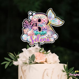 Adorno para tarta de sirena personalizado, decoración para fiesta de cumpleaños de sirena, adorno para tarta de baby shower, decoración para tarta de primer cumpleaños, regalo de cumpleaños para niñas imagen 6