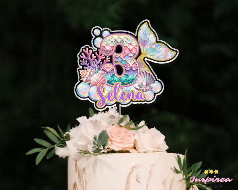 Adorno para tarta de sirena personalizado, decoración para fiesta de cumpleaños de sirena, adorno para tarta de baby shower, decoración para tarta de primer cumpleaños, regalo de cumpleaños para niñas imagen 6