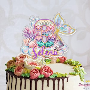 Adorno para tarta de sirena personalizado, decoración para fiesta de cumpleaños de sirena, adorno para tarta de baby shower, decoración para tarta de primer cumpleaños, regalo de cumpleaños para niñas imagen 4