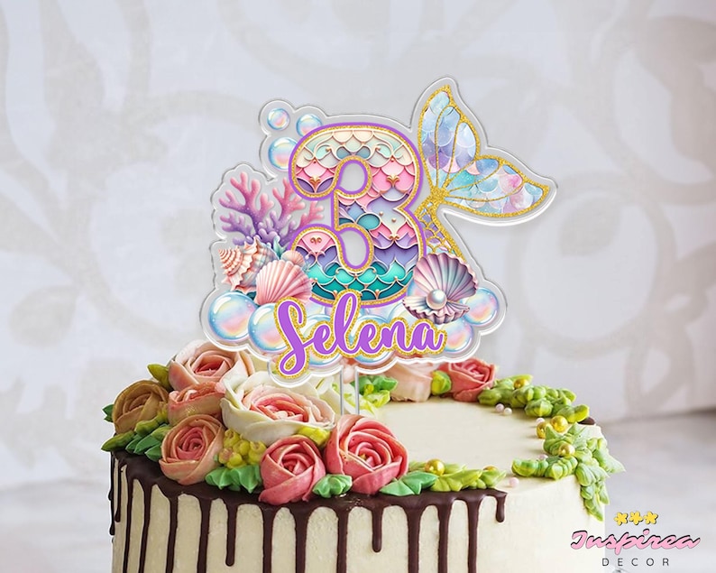 Adorno para tarta de sirena personalizado, decoración para fiesta de cumpleaños de sirena, adorno para tarta de baby shower, decoración para tarta de primer cumpleaños, regalo de cumpleaños para niñas imagen 4