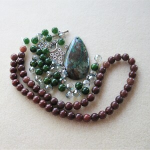 Bead Combo, Green Brown Jasper Pendant,  Chocolate Aventurine, Jewelry Making Beads, Gemstone and Glass, DIY Bead Kit,