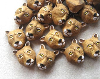 Catamount, Puma, Cougar, Mountain Lion, Animal Head Peruvian Ceramics Pendant Beads, Jewelry Making Beads, Animal Beads (2)