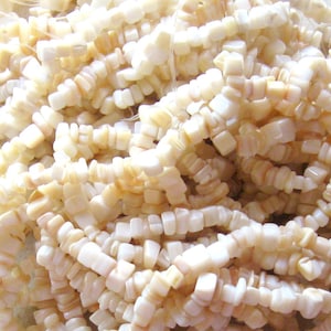 May include: A strand of white and cream colored shell beads. The beads are irregular in shape and have a natural, organic look.