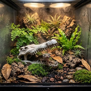 Puede incluir: Un gecko leopardo descansa dentro de una réplica de cráneo de cocodrilo blanco y desgastado en un terrario de cristal. El hábitat incluye helechos verdes, plantas de aire, musgo, trozos de corteza y hojas marrones sobre suelo oscuro.