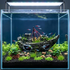 Pode incluir: Um aquário quadrado de vidro com um navio naufragado como peça central, rodeado por plantas aquáticas verdes e substrato escuro. Vários peixes néon tetra com riscas azuis e vermelhas nadam à volta do navio, iluminados por uma luz superior.