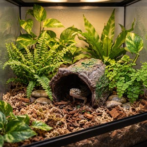 Könnte beinhalten: Ein Leopardgecko mit gelb, schwarz und weiß gefleckter Haut ruht in einem hohlen, strukturierten braunen Baumstamm-Versteck. Das Gehege enthält grüne Blattpflanzen, glatte graue Flusskiesel und einen Bodengrund aus Holzspänen und Moos.