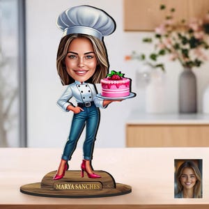 Statuetta in legno 3D personalizzata con la caricatura di un pasticcere dalla tua foto, regalo unico, fantastico arredo per la casa e l'ufficio, divertente regalo da scrivania