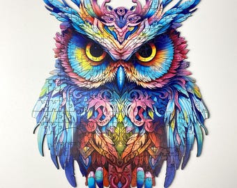 Rompecabezas de madera de búho misterioso, colorido y artístico con piezas originales, regalo para adultos y niños, rompecabezas de formas únicas en caja de madera.