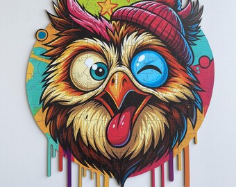 Divertido rompecabezas de madera de búho, colorido y artístico con piezas originales, regalo para adultos y niños, rompecabezas de formas únicas en caja de madera.