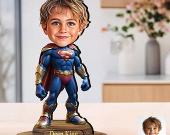 Personalized 3D Wooden Figurine with Cartoon Kid Superhero from Your Photo, Unique Gift, Great Home and Office d=Decor, Fun Desk Gift