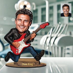 Statuetta in legno 3D personalizzata, caricatura, la tua foto, musicista rock, chitarrista, regalo unico, splendida decorazione per la casa, ufficio, divertente regalo da scrivania