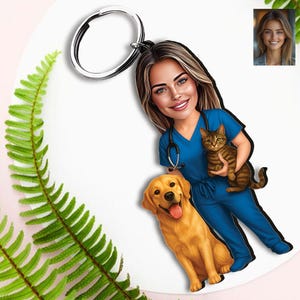 Personalized Acrylic Keychain from Your Photo, Cartoon of a Woman Vet, Fun Gift Idea, Unique Cartoon on Acrylic, Gift for her, Dog, Cat