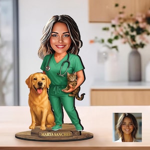 Personalisierte 3D Holzfigur, Karikatur auf Ihr Foto, Frau Tierarzt, Hund und Katze, einzigartiges Geschenk, tolles Wohn- und Bürodekor, lustiges Schreibtischgeschenk