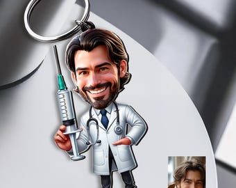 Custom Cartoon Keychain Doctor from Photo, Personalized Acrylic Key Ring, Funny Gift Idea, Unique Caricature on Acrylic, Gift for Him
