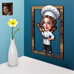 Ritratto caricaturale personalizzato di uno chef da foto, decorazione da parete in MDF con stampa UV, regalo caricaturale personalizzato, faccia buffa con gancio