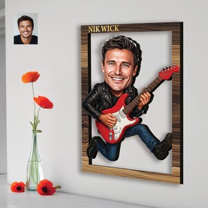 Ritratto di caricatura personalizzato di un uomo, musicista rock, dalla tua foto, stampa UV su parete in MDF, regalo caricaturale, faccia buffa, decorazione per la casa