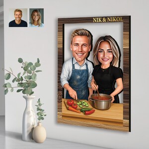 Ritratto caricaturale personalizzato, idillio familiare, la tua foto, stampa UV su parete in MDF, regalo caricaturale personalizzato, faccia buffa, coppia di chef