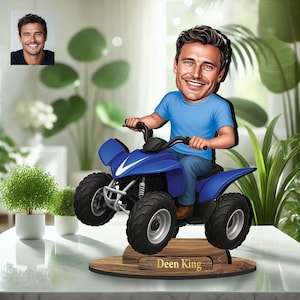 Statuetta in legno 3D personalizzata, caricatura, la tua foto, uomo con quad, hobby, sport, regalo unico, fantastico arredo per casa e ufficio, divertente regalo da scrivania