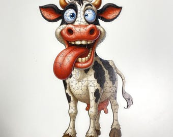 Rompecabezas de madera de vaca loca, colorido y artístico con piezas originales, regalo para adultos y niños, rompecabezas de formas únicas en caja de madera.