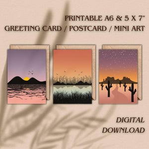Impressão de silhuetas da natureza com pôr do sol retrô – Cartão de felicitações / Cartão postal / Mini arte de parede – Para presentes e decoração de casa – Escolha seu design