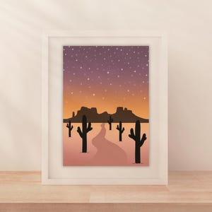 Retro Wüsten-Sonnenuntergang-Druck für Karten, Postkarten, kleine Wandkunst - Boho-Landschaftsdesign mit Natur-Silhouetten - Für Geschenke und Wohnkultur