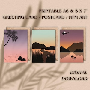 Cartão postal / mini arte de parede com pôr do sol retrô para impressão - Design minimalista da natureza - Para presentes e decoração de casa - Escolha seu design