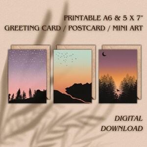 Carte/carte postale imprimable coucher de soleil rétro/mini oeuvre d'art murale - Silhouettes de la nature design minimaliste - Cadeaux et décoration d'intérieur - Choisissez votre modèle