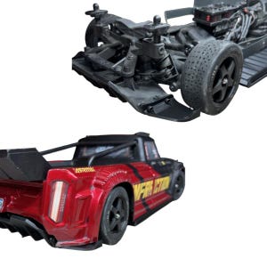May include: A remote-controlled Arrma Infraction truck featuring a metallic red body with black accents, yellow Infraction lettering, and a black roll cage. The chassis is visible with black wheels, a front bumper, and a rear spoiler assembly.