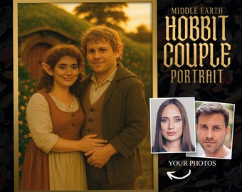 Retrato de pareja hobbit a partir de una foto / Póster personalizado de Sam Rosie / Pareja geek, regalo de San Valentín, aniversario de la Tierra Media / ESDLA