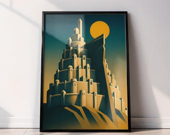 Póster de la Tierra Media: Impresión de viaje art déco de Minas Tirith (Gondor) / Descarga digital
