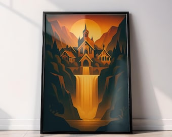 Póster de ESDLA – Impresión artística vintage de viaje de Rivendel (estilo Cassandre) / Descarga digital