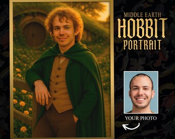 Retrato de un hobbit de la Tierra Media a partir de una foto / Póster personalizado de Pippin / Descarga digital / Regalo de cumpleaños para hijo, hermano, padre y esposo / Arte de fan de ESDLA